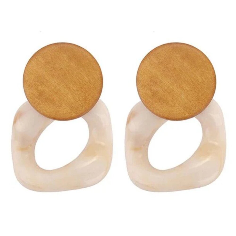 NEW Neutral Light Brown Wood and Marbled Acrylic Statement Earrings